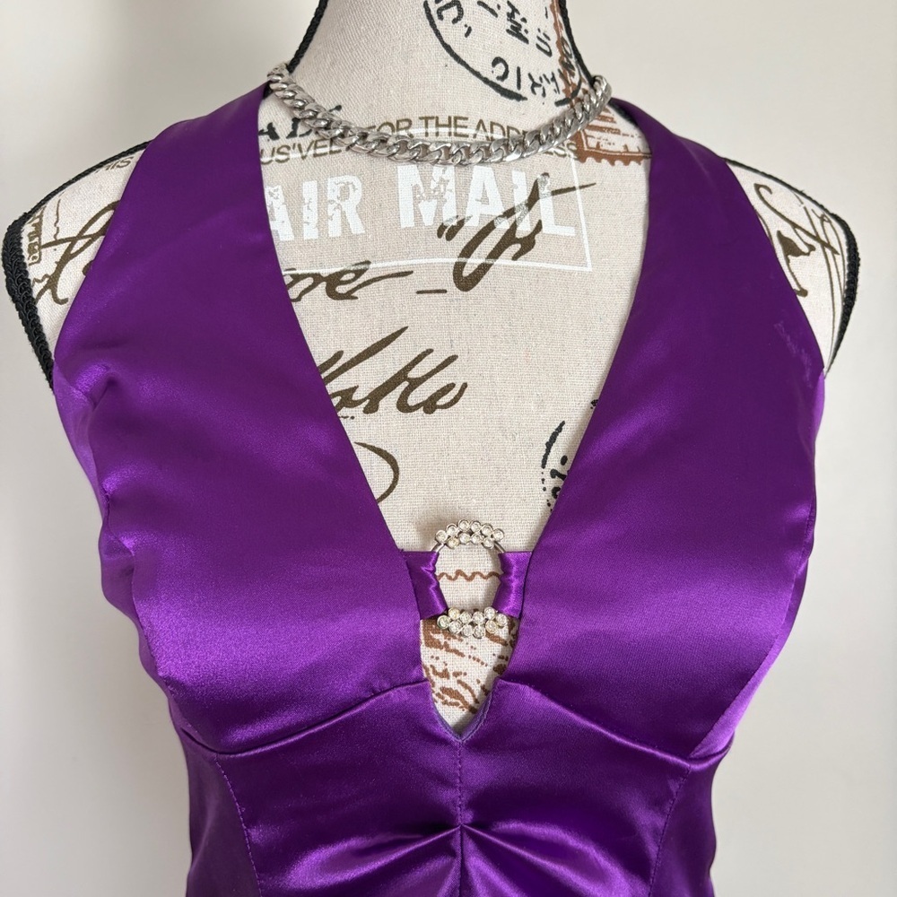 Vintage 90s Purple Ruched Halter Mini Dress Rhinestone Glam Prom Party - Picture 4 of 11